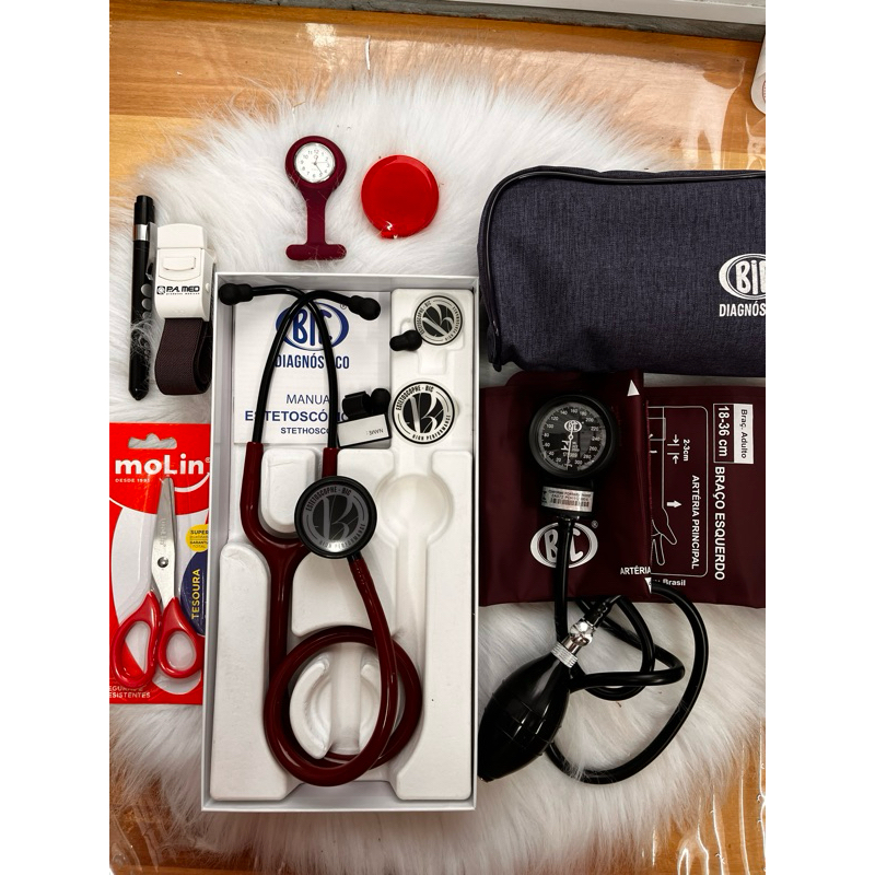 kit enfermagem saúde BIC vinho bordo com estetoscópio Eternity + aparelho de pressão