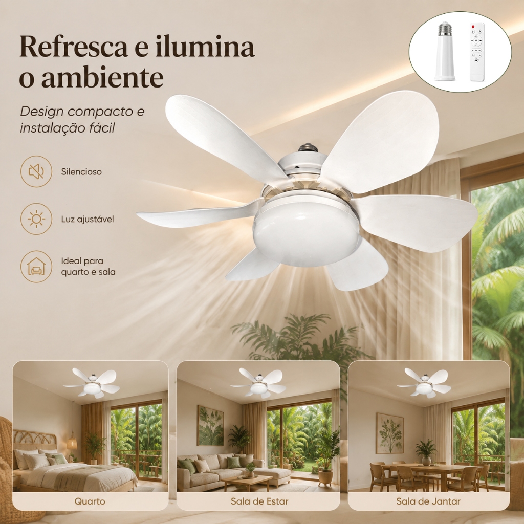 Ventilador de Teto com Luz LED E27 6 Pás Controle Remoto 3 Velocidades Timer Branco