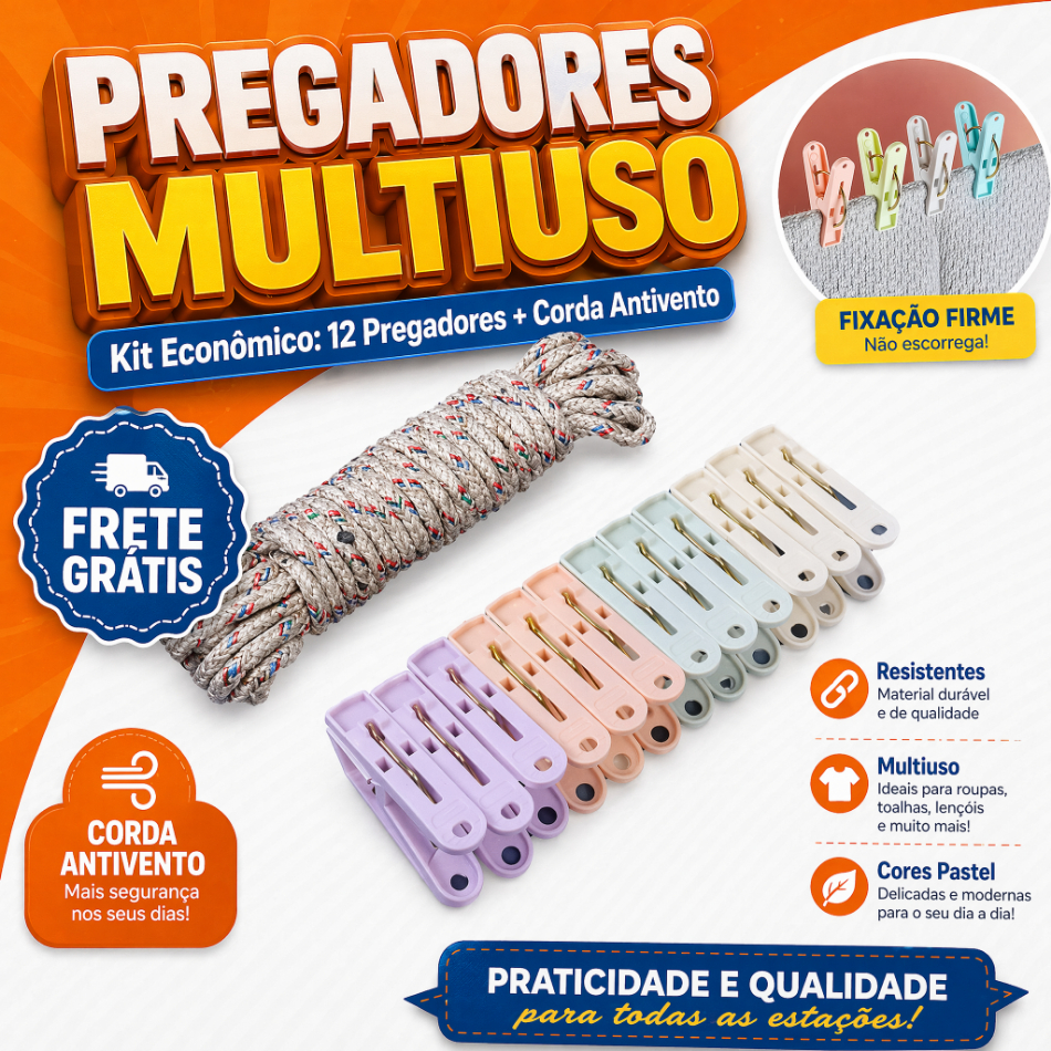 Kit Pregadores Multiuso com Corda Antivento, 12 Pregadores Cores Pastel para Secar Roupas, Toalhas e Lençóis