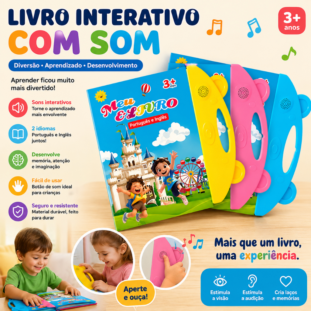 Livro Infantil Bilíngue Português Inglês Livro Interativo com Som Toque Inteligente Educativo Aprendizagem Crianças