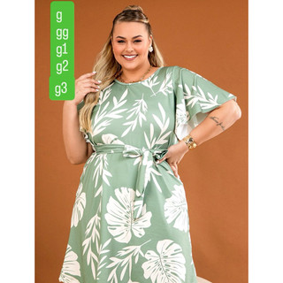 Vestido rodado Plus Size manga fler  com faixa tecido suplex digital , 44,46,48,50 G GG G1 G2