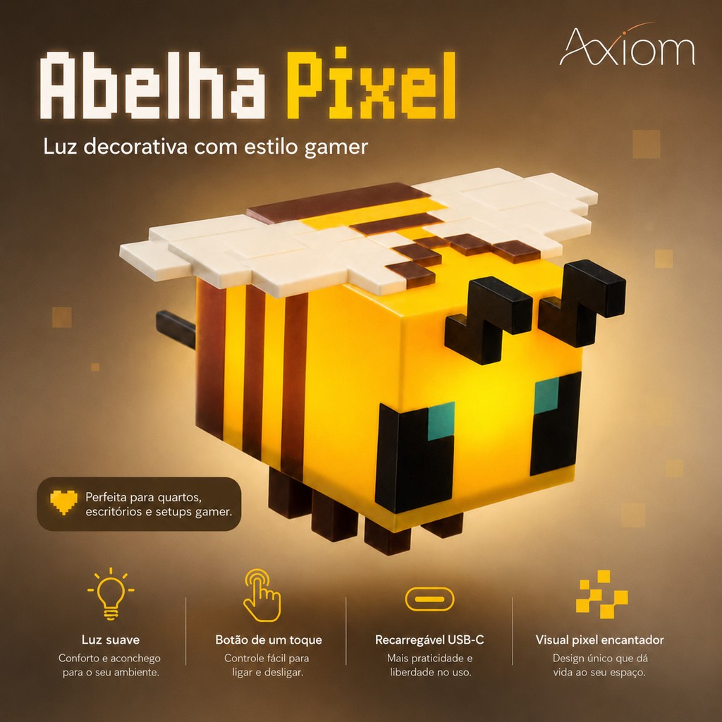 Luminária Abelha Cubo Axiom Abajur Mesa LED Bivolt Recarregável Presente Geek Decor