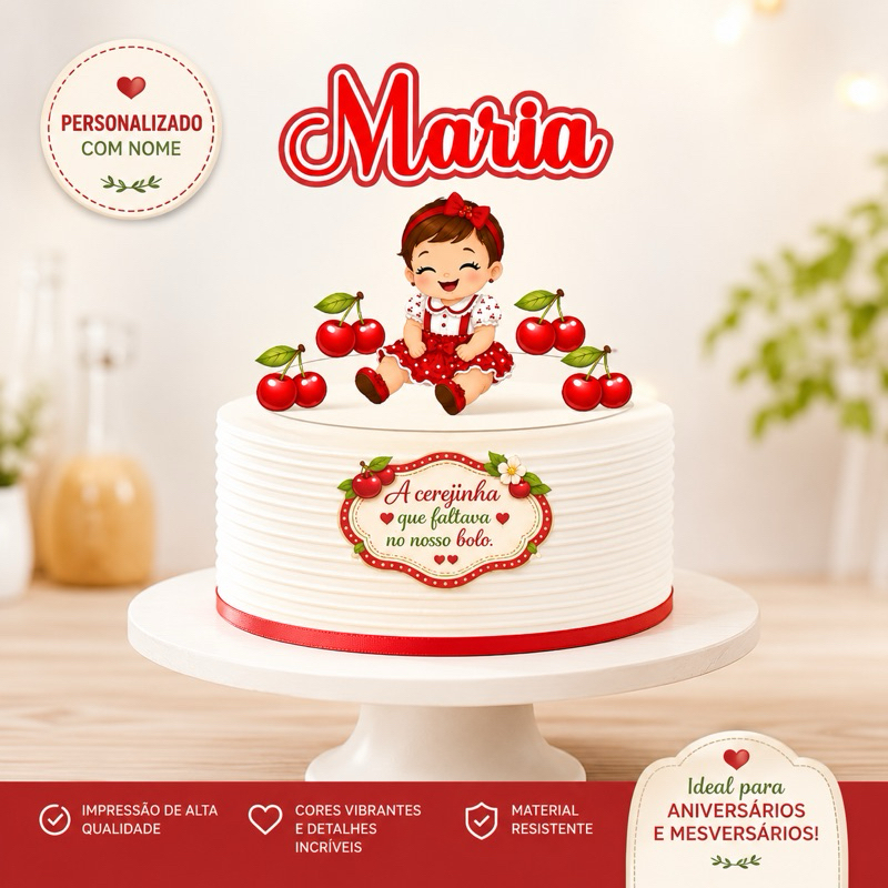 Topo de Bolo Cerejinha Menina Personalizado com Nome | Topper Tema Cereja para Mesversário e Aniversário Infantil
