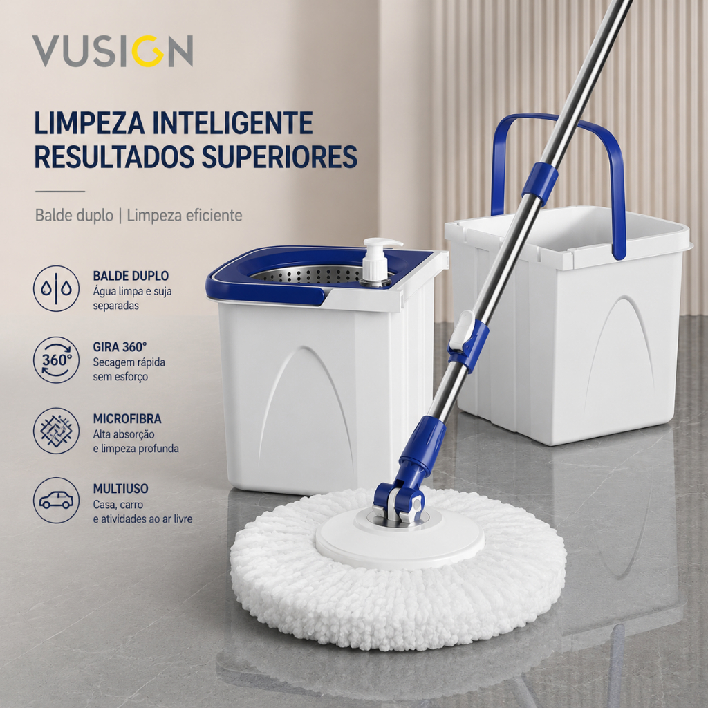 Mop Giratório com Balde Duplo Água Limpa e Suja Separadas Multiuso Centrífuga 360°