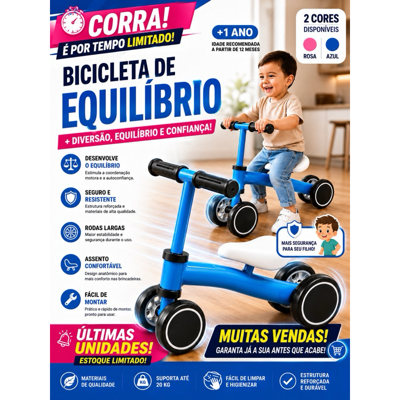 BICICLETA INFANTIL DE Equilíbrio 4 Rodas AZUL ou ROSA Sem Pedal Andador Infantil Para Bebê