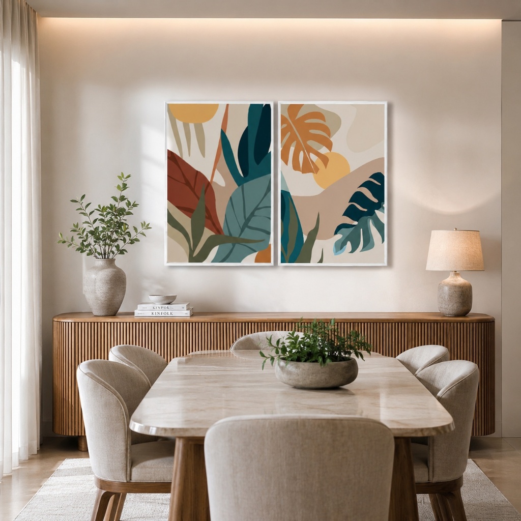 Quadro Decorativo Folhagens Tropicais Abstratas Com Moldura