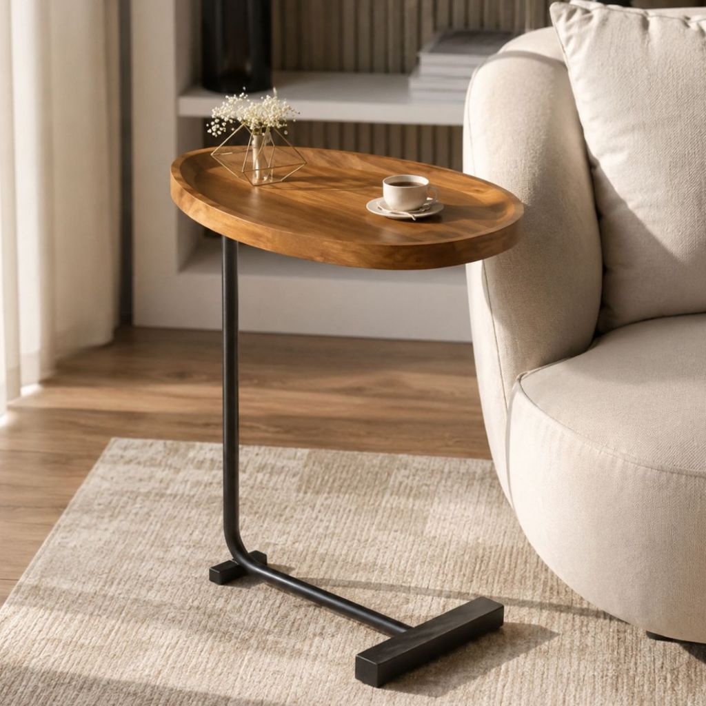 Mesinha De Apoio Lateral MDF Oval Sala Estilo Industrial Para Sofá Apoio De Notebook Decoração
