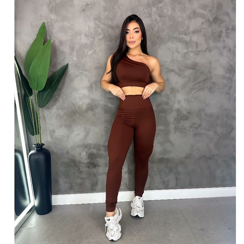 Conjunto Fitness Feminino Legging Cintura Alta e Top Assimétrico Academia Zero Transparência