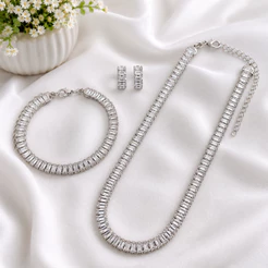 Kit Colar Pulseira Brinco Riviera Zircônia Cristal Prateada