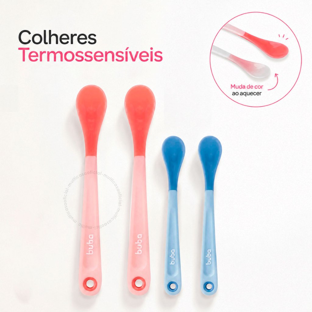 Kit 2 Colheres Rosa Termossensível Muda De Cor Bebê Infantil Comida Quente Buba Silicone