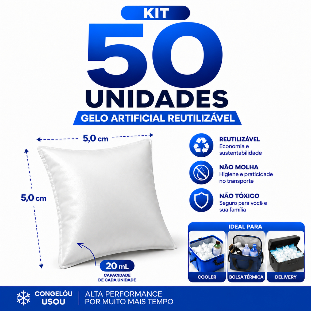 Kit 50 Unidades Gelo Artificial Reutilizável Alta Performance Cooler Bolsa Térmica Transporte Remédio Gelo x Gel
