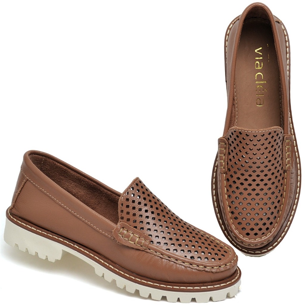 Mocassim Feminino Elegante De Couro Legítimo Tratorado Leve e Confortável Com Detalhes Vazados