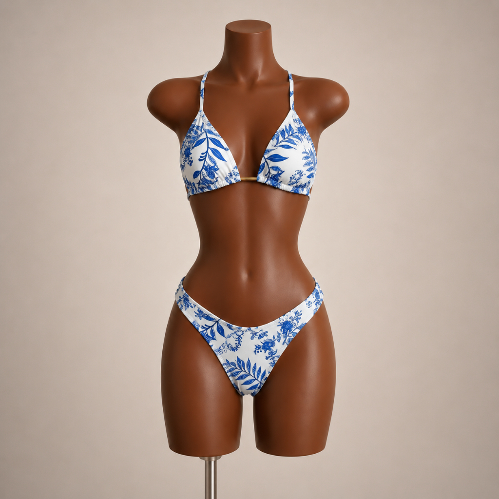 Conjunto Biquíni Cortininha + Shortinho | Look Feminino Praia Verão Estiloso e Colorido Estampa Floral Azul Trikini