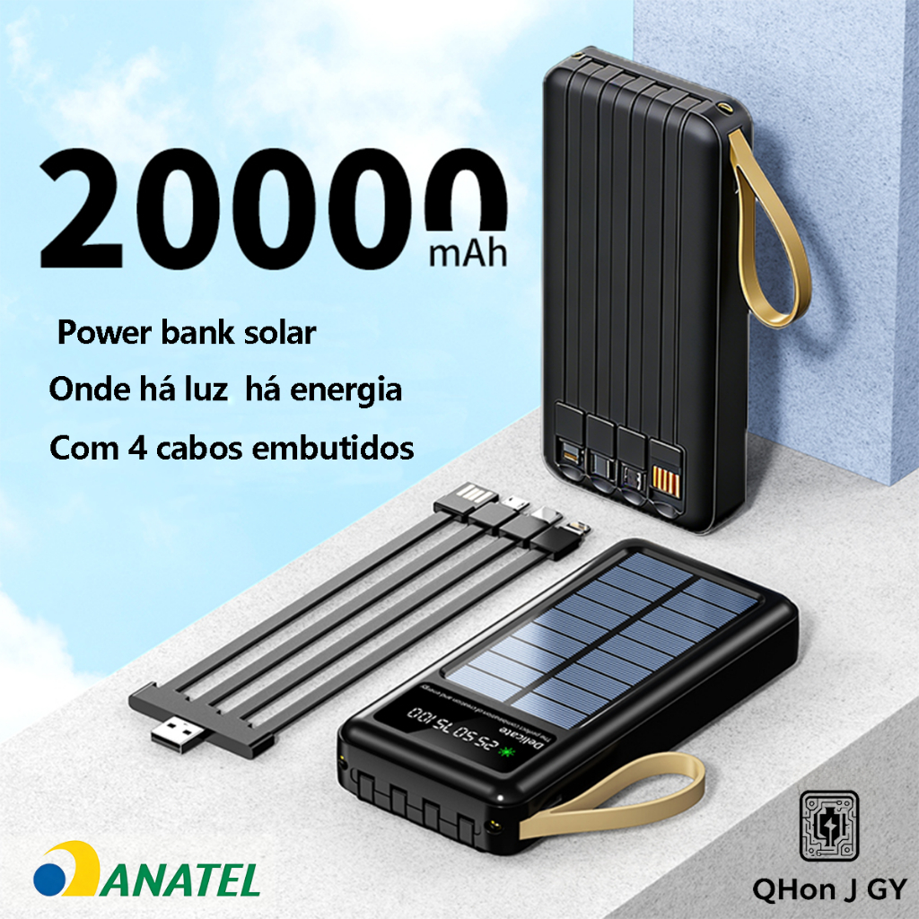 Carregador Portátil Power Bank Solar 22.5W Capacidade Saida 20.000mah Com Cabos 5 Em1 LED lanterna