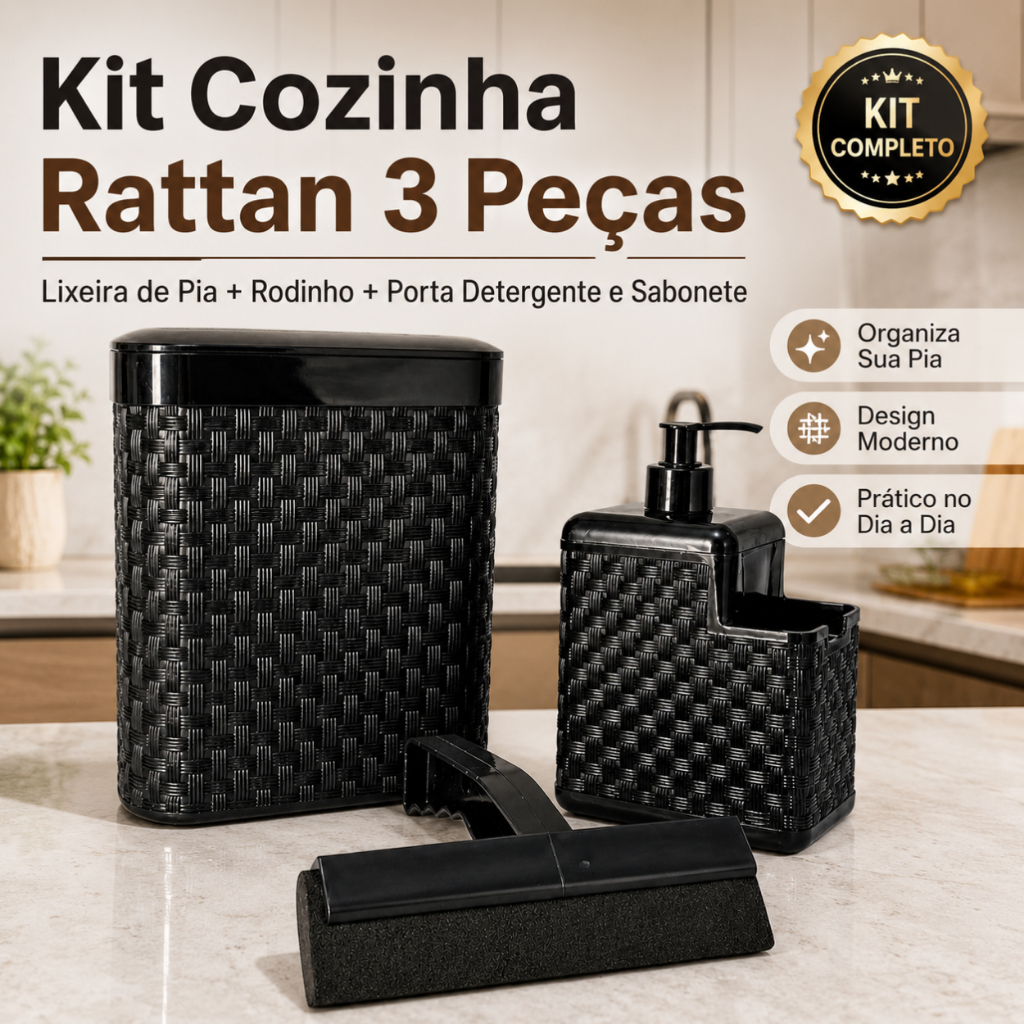 Lixeira de Pia  + Rodinho + Porta Detergente e Sabonete- Cozinha Casa Utilidades