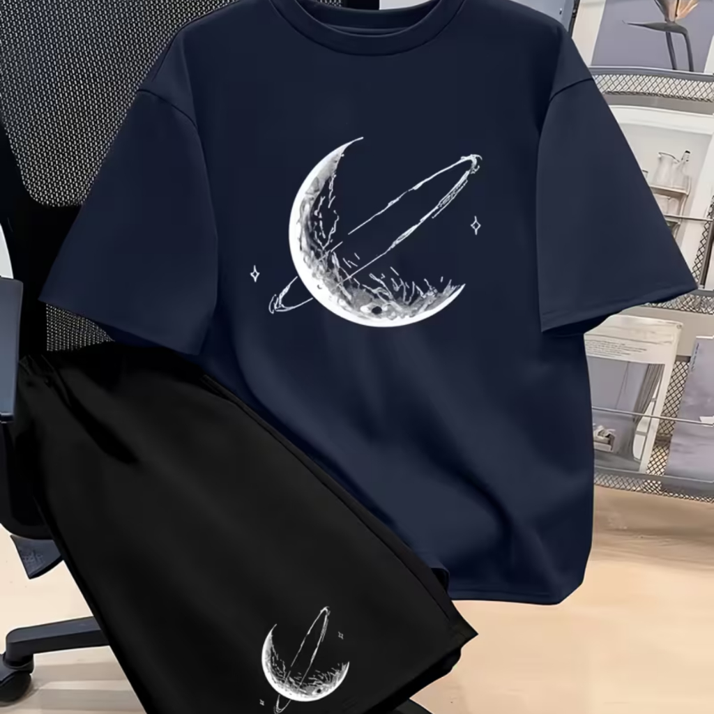 Kit Conjunto Camiseta e Bermuda Tactel Masculino Planeta Saturno Estiloso Casual Confortável