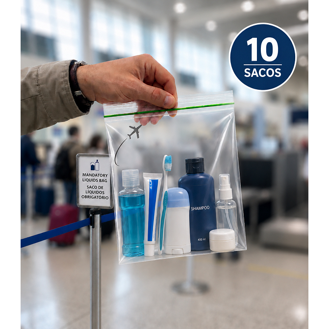 10 Sacos Zip 20x20 cm Viagem Internacional Oficial Líquidos Aeroporto