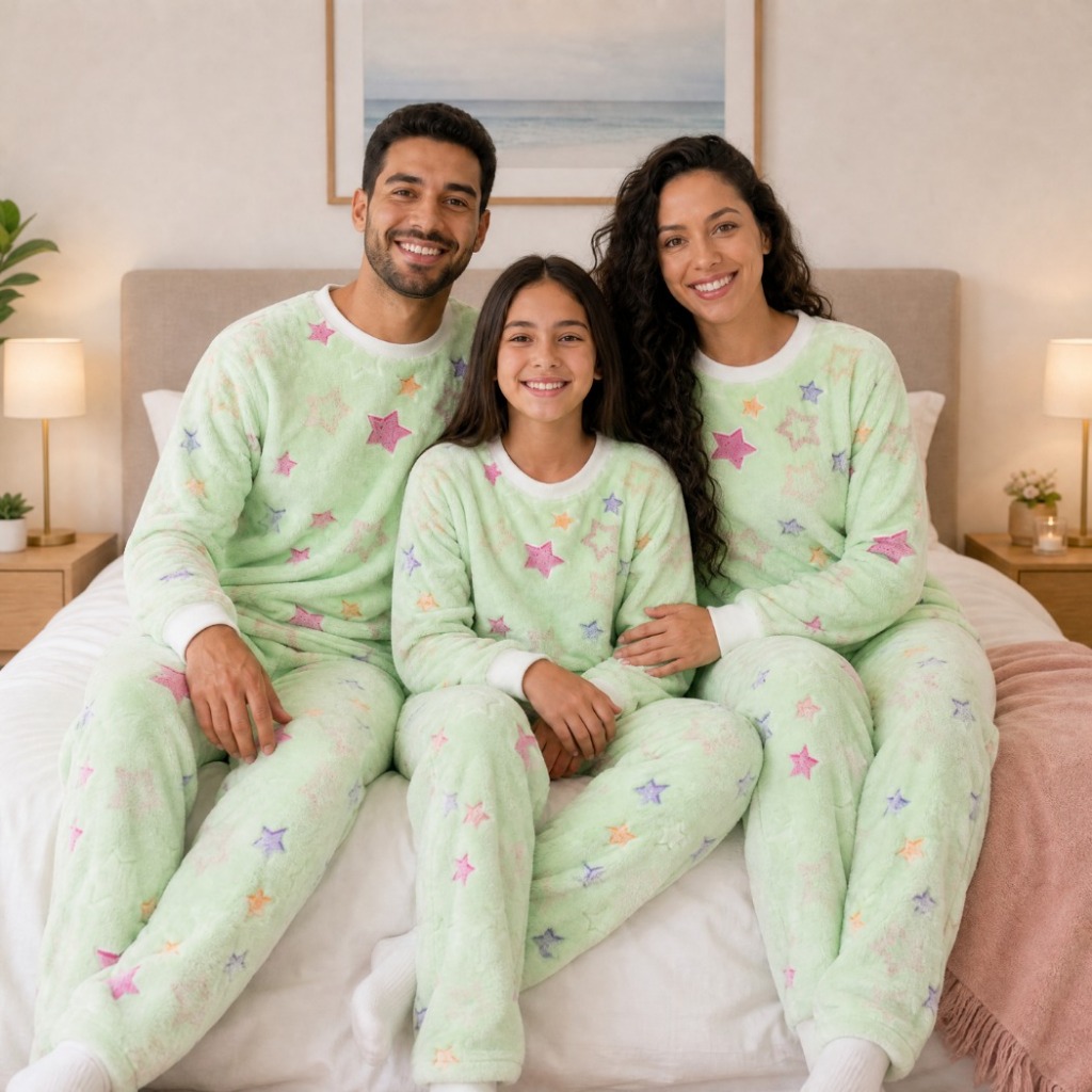 Pijama adulto e infantil Fleece Longo Quentinho Peludinho Inverno brilha no escuro Familia