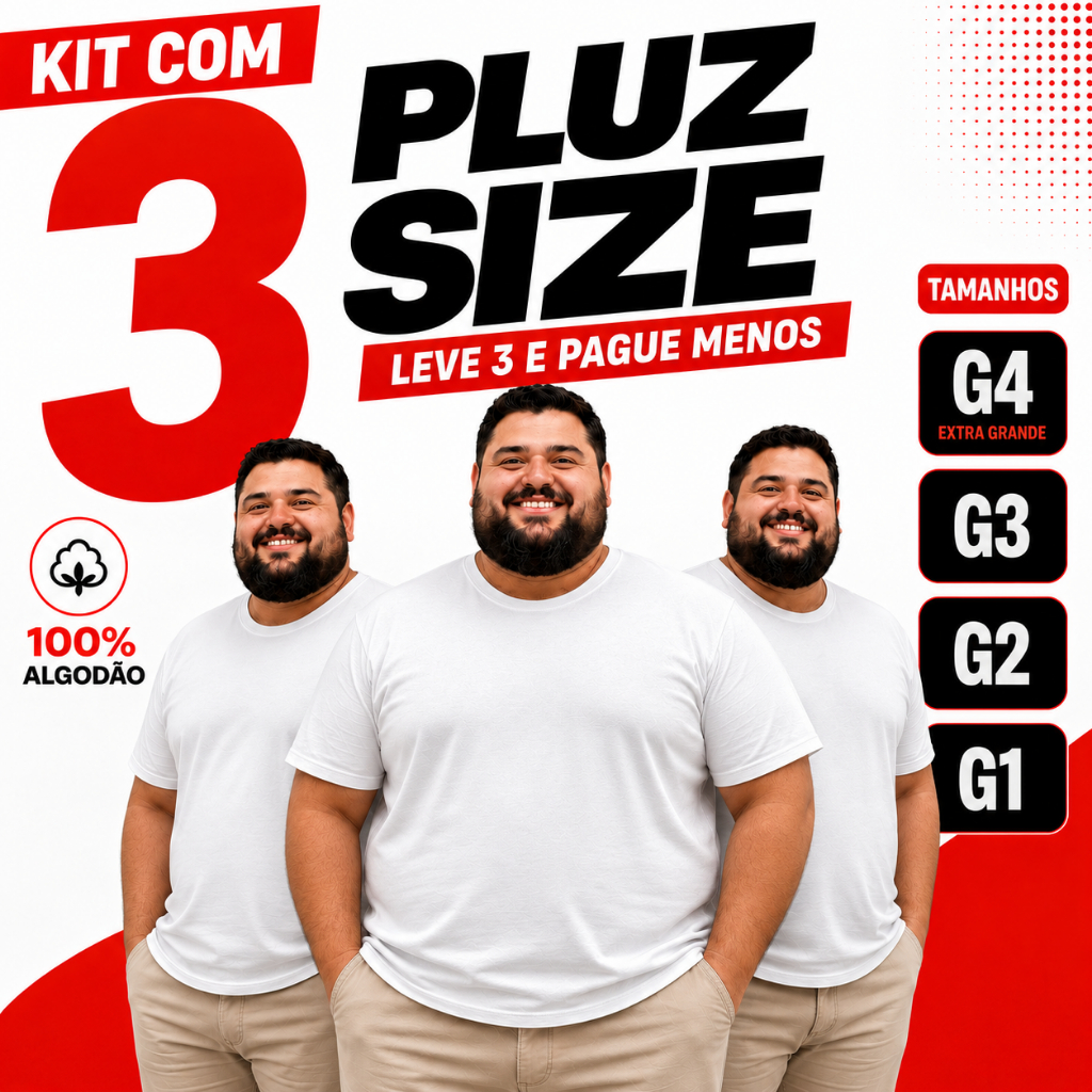 Kit 3 Camiseta Plus Size Unisex 100% Algodão Lisa Básica G1 ao G4,  Camisa Blusa