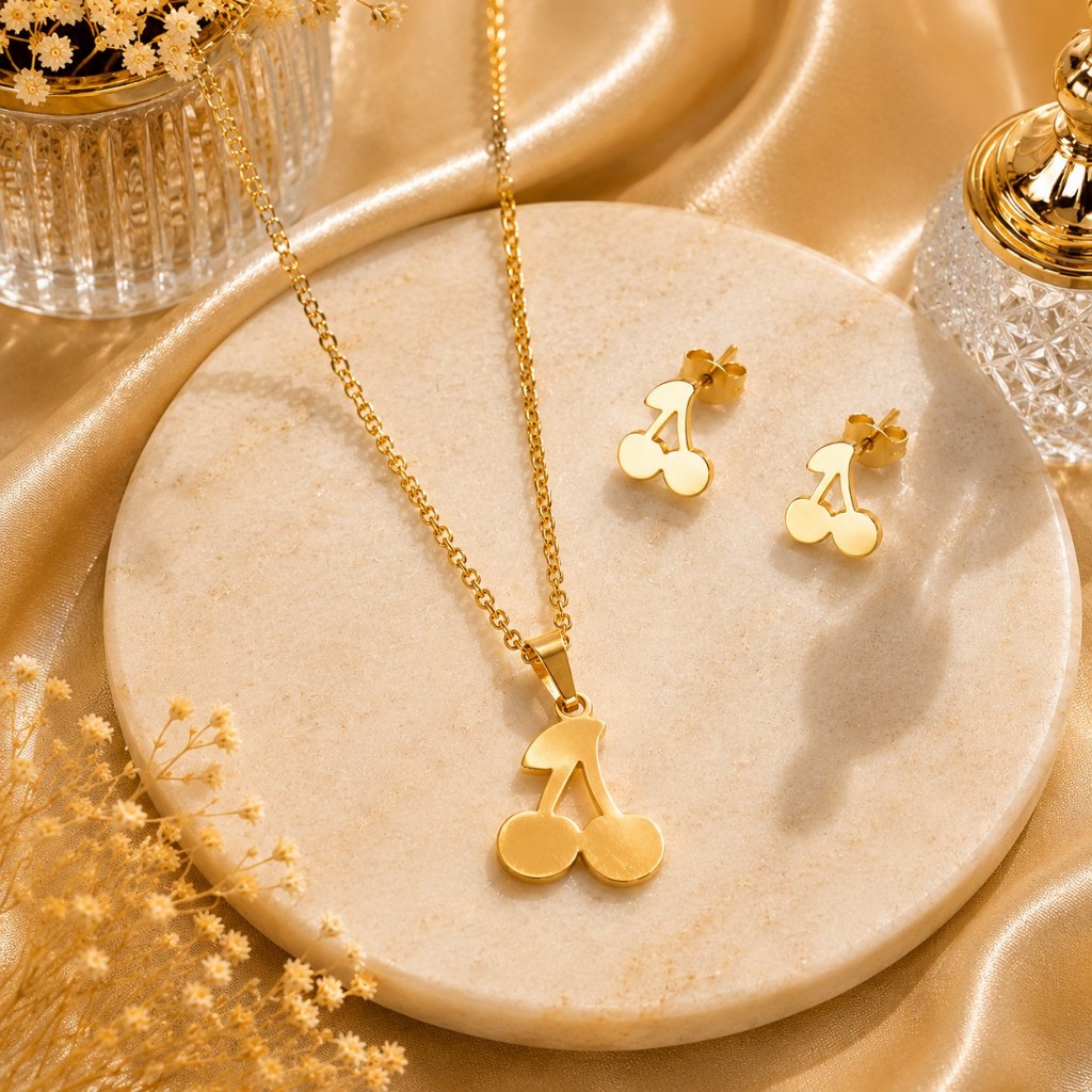 Conjunto Feminino Cereja Dourado Aço Inoxidável Antialérgico Colar e Brincos