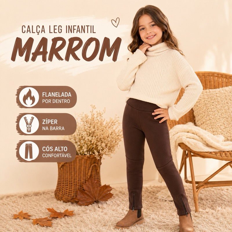 Calça Legging Montaria Infantil Feminina Flanelada Preta com Zíper | Inverno Confortável Menina Tam 4 ao 10