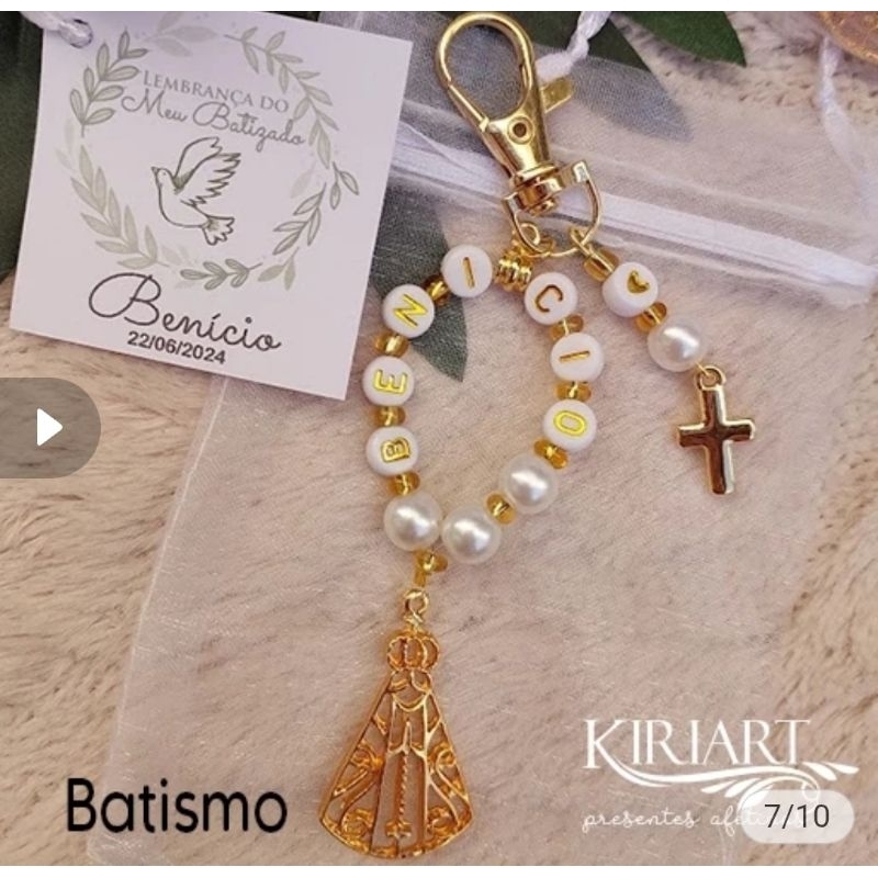 50 Mini Terço Chaveiros Personalizado com Nome + Saquinho Organza + Tag Lembrancinha Batizado ,Comunhão, Crisma