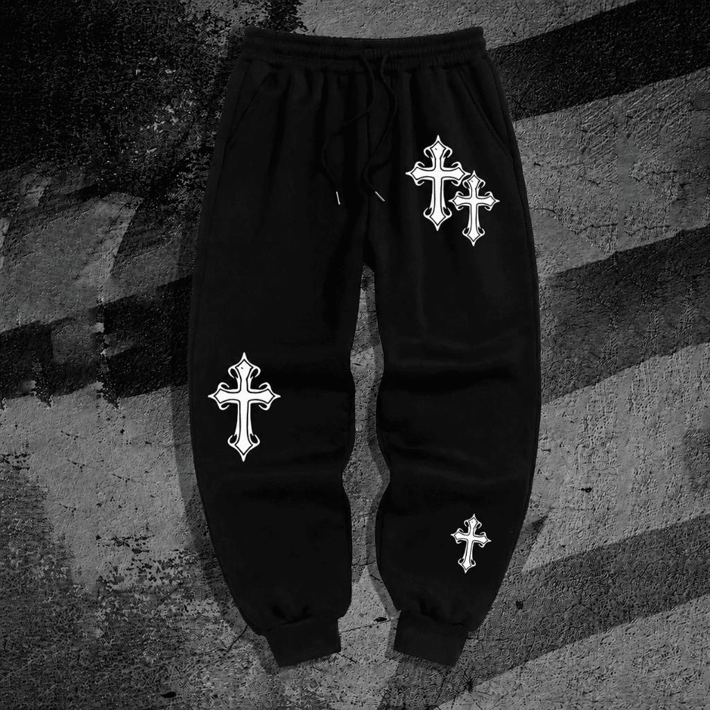 Calça Moletom Algodão Confortável Academia Arte Crucifixo Punk Streetwear Exclusiva Gótico Gym Treino Fitness