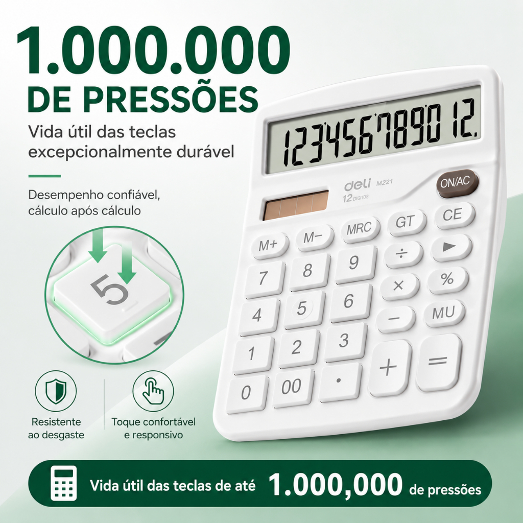 Calculadora Deli Grande 12 Dígitos, 1 Milhão de Pressões, Solar e Pilha, Escola e Escritório, 4Cores