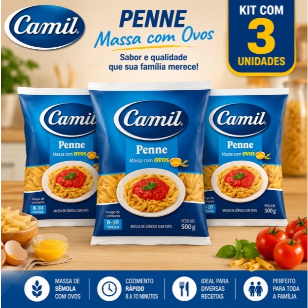 Macarrão Penne Camil 500g Kit com 3 Unidades Massa com Ovos Sêmola Original