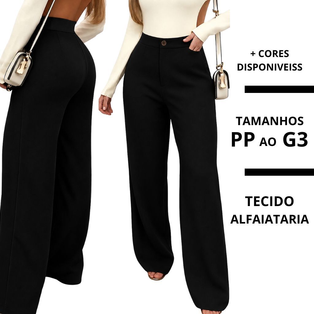 Calça Pantalona Feminina Alfaiataria Premium COM BOLSO - Social Cintura Alta - Wide Leg Elegante Do PP ao G3 - Plus Size
