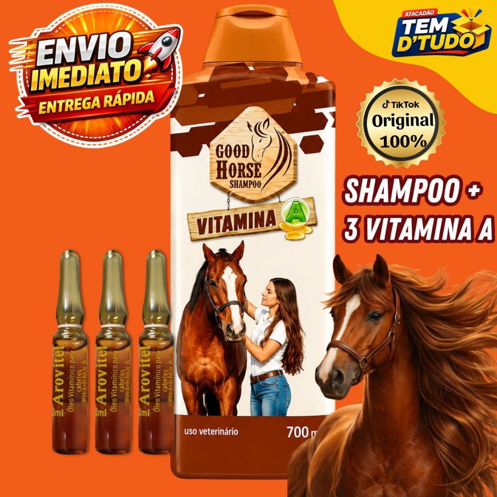 Shampoo Good Horse + 3 ou 5 Vitaminas Vitamina A Arovitel 2ml Cavalo Força Brilho