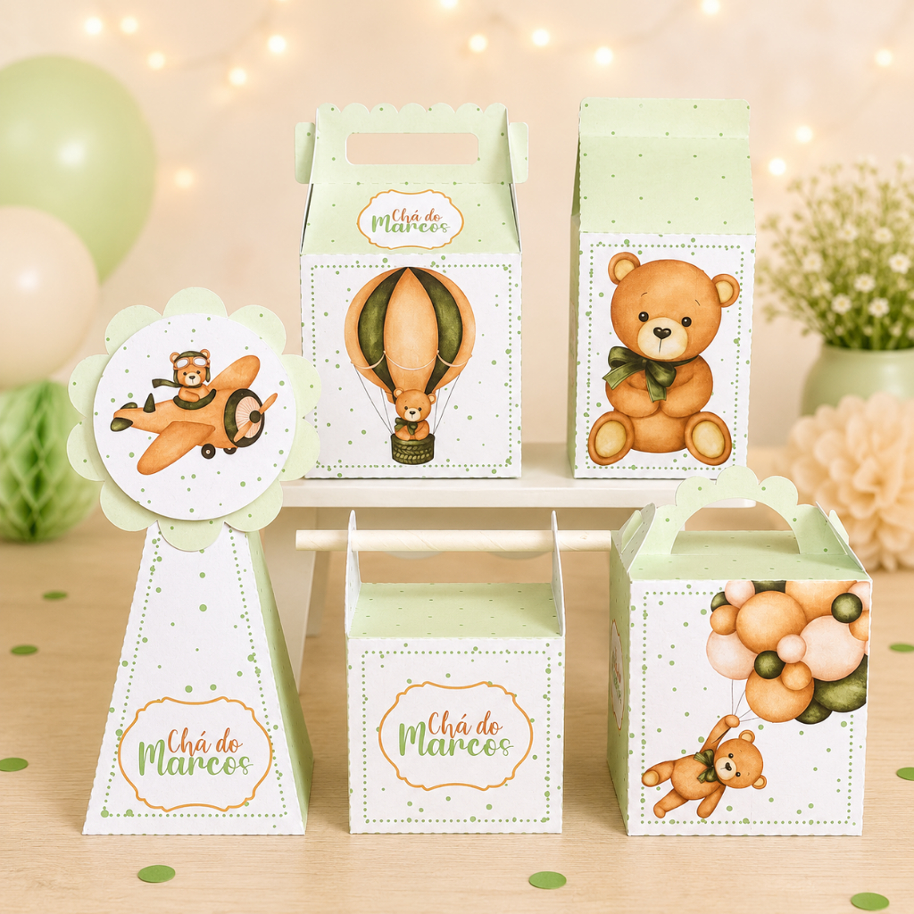Kit Festa Chá de bebê Ursinho Verde /Kit Festa Personalizados/caixas personalizadas/Forminhas/Chá Revelação