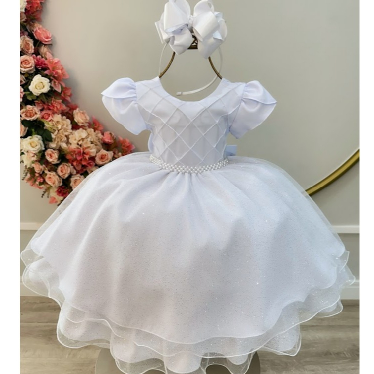 Vestido Infantil Branco Festa Luxo Com Brilho Tule Rodado Batizado Aniversário Menina