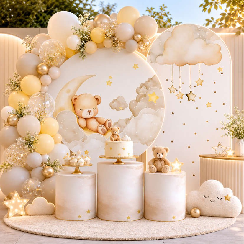 Capa Painel Redondo Trio Cilindro Festa Ursinho Chá de Bebe Lançamento Bibi Painéis Promoção