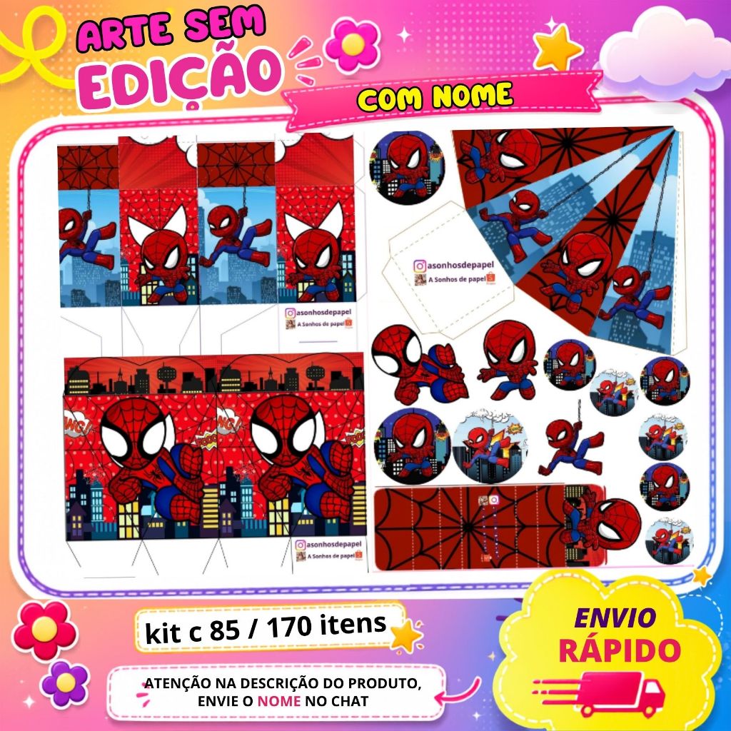 KIT COM 85 OU 170 ITENS LEMBRANCINHA PERSONALIZADA TEMA HOMEM ARANHA CUTE ENVIO RAPIDO