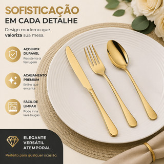 18 Peças Talheres Ouro De Aço Inox Garfo Colher Faca Colher De Mesa