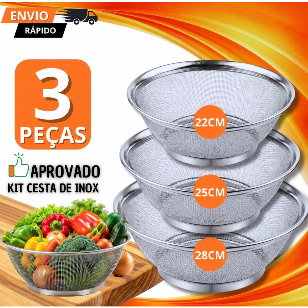 Kit Cestas Escorredor Aço Inox Reforçado Utensílio Para Cozinha De Massas Legumes Frutas