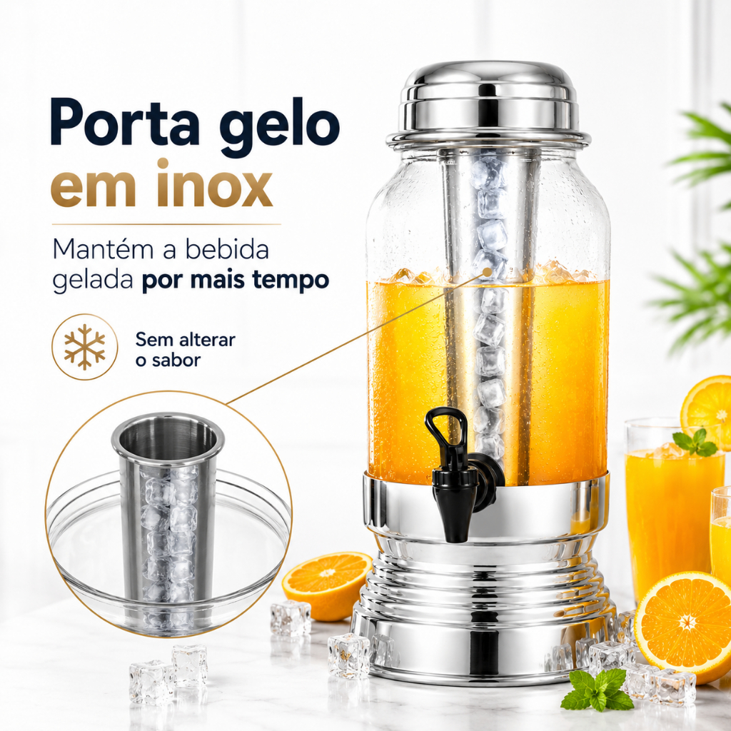 Suqueira 3 Litros Porta Gelo Chopeira Alumínio Polido Vidro Suco Bebidas Eventos Base Tampa Aluminio