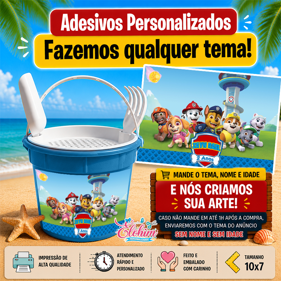 Rótulo Adesivo para personalizar Balde Praia (FAZEMOS QUALQUER TEMA) Patrulha canina