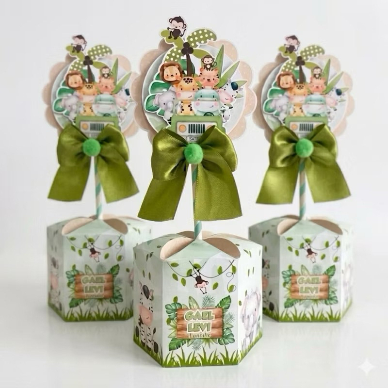 Caixa Centro de Mesa Sextavado   Lembrancinha Safari Baby Personalizado Decoração Festa Infantil - Pegue e Monte