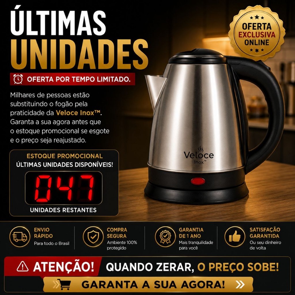 Chaleira Elétrica Inox 1,8L 1000W 127V Desligamento Automático Veloce Inox™ Aquecimento Rápido