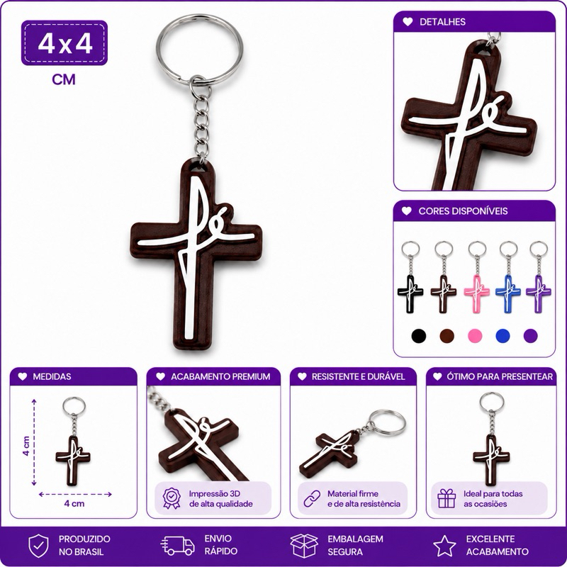 Kit  05 Chaveiros Cruz Fé Cristã Religioso Personalizado Impressão 3D Lembrancinha Igreja Batizado Crisma