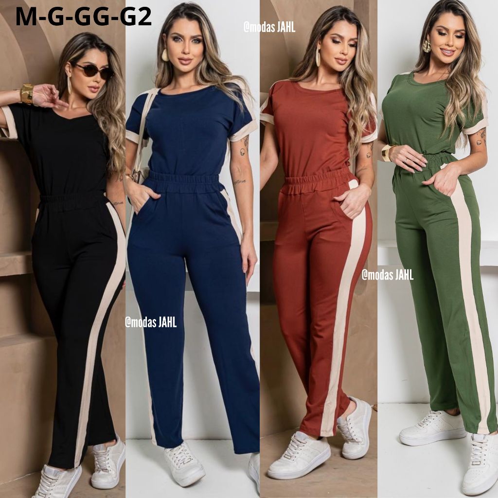 Conjunto Feminino Moletinho Calça Pantalona e Blusa Manga Curta com Elastano e Listra na Lateral.