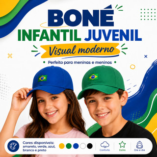 Boné Brasil Infantil Juvenil 4 a 14 Anos Bandeirinha Aba Curva Ajustável Masculino Feminino