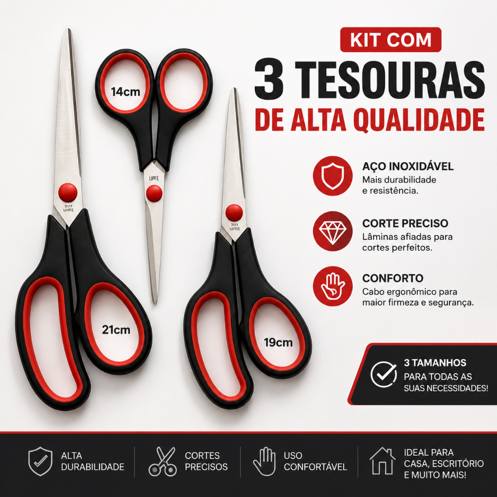 Kit 3 Tesouras Aço Inox Lâmina De Titânio Doméstico Multiuso Costura Artesanato Profissional