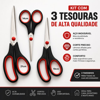 Kit 3 Tesouras Aço Inox Lâmina De Titânio Doméstico Multiuso Costura Artesanato Profissional