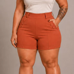 Shorts Social Plus Size Feminina Com 6 Botões Cintura Alta Alfaiataria Tecido Bengaline 42 ao 52