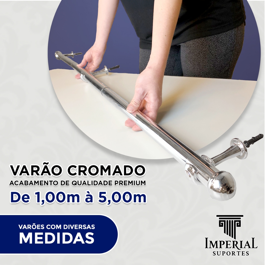 Varão de Cortina Cromado em Aço (Suporte Europeu) - 1 Metro à 5 Metros 19mm e 28mm - Várias Medidas