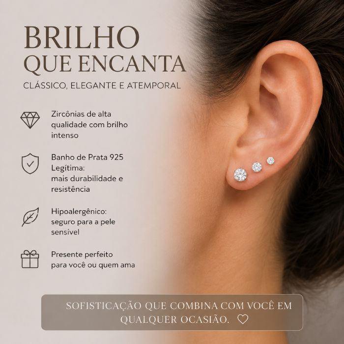 Detalhes do Brinco Feminino Trio Ponto de Luz Zircônia Prata 925 Legitima Banhada Sofisticação e Elegância