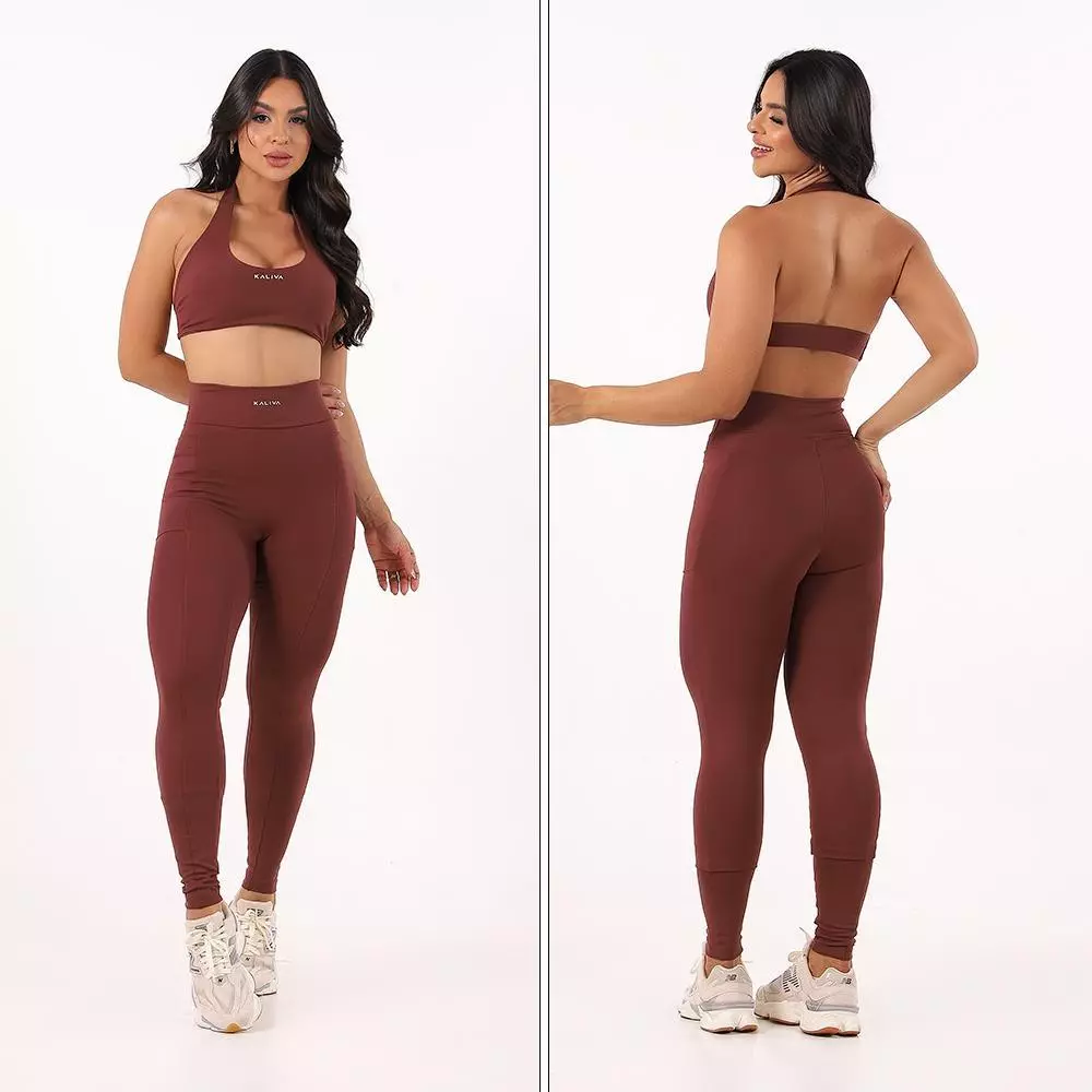 Conjunto Top + Calça Legging Fitness Poliamida Bolsos Laterais para Corrida Cropped Halter Costa Aberta Zero — imagem 1